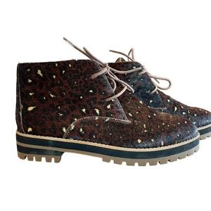 Madewell The Wren Boots Womens 7.5 Painted Leopard Calf Hair Lace Up Lea…